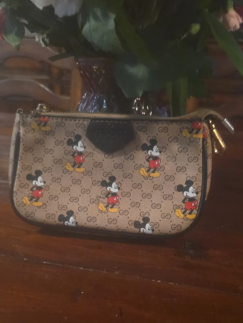 Gucci Brown GG Supreme Mickey Mouse Canvas Wristlet with Gold Hardware